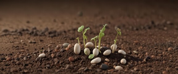 Bean seeds at various stages of germination in soil,  healthy,  soil,  plant science