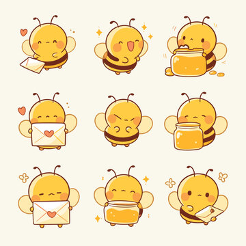 Cute Bee Illustrations: A set of adorable bee illustrations, perfect for projects. Depicting various poses and actions. Designed to capture a cute and cheerful vibe.