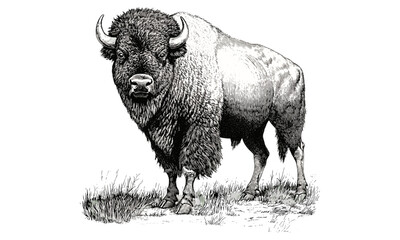 Engraved Bison Yellowstone, Hand-drawn Wildlife Art, Antique Engraving, Black Sketch Effect, Vintage Rustic Design, Animal Print, Outdoor Wall Decor, Detailed Nature Illustration