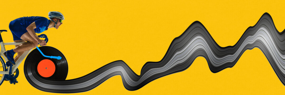 Speed cyclist pedals on vinyl record with surreal track made of sound waves against yellow background. Stretch effect. Concept of sport, competition, surrealism. Contemporary art collage. - Powered by Adobe