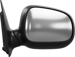A 3D illustration of a car side mirror (wing mirror). This exterior component is mounted on the door to help the driver view vehicles behind and beside the car. The mirror is encased in a black housin