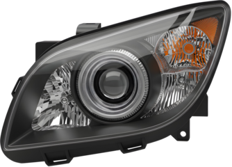 A 3D illustration of a car headlight assembly. It includes the lens, reflector, and a turn signal section (orange area), typically mounted at the front of the vehicle for road illumination during nigh