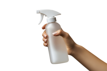 A hand holding a white spray bottle against a black background in a studio shot with soft lighting on transparent background