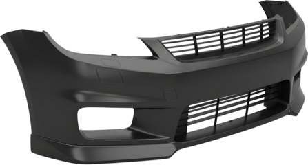 A 3D illustration of a car front bumper. It includes air intakes and grille sections, serving as an exterior component that protects the vehicle during collisions and contributes to aerodynamic perfor