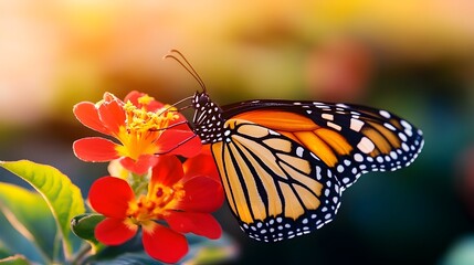 Fototapeta premium Monarch butterfly with orange wings and black veins feeding on a vibrant red flower in soft sunlight