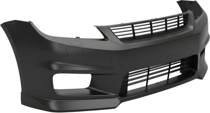 A 3D illustration of a car front bumper. It includes air intakes and grille sections, serving as an exterior component that protects the vehicle during collisions and contributes to aerodynamic perfor