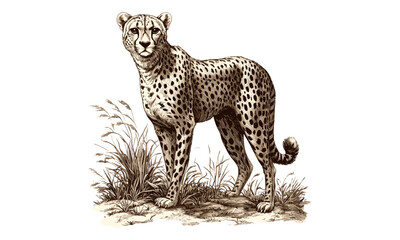 Cheetah Engraving on African Plains, Black Sketch Wildlife Art, Vintage Animal Design, Safari Print, Rustic Speed Illustration, Detailed Hand-drawn, African Decor, Wild Animal Artwork