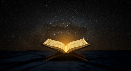 Quran open on stand against night sky