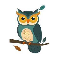 Stilisierte Eule mit großen gelben Augen sitzt auf einem Ast mit Blättern. Ein charmantes Motiv mit warmen Farben und klaren Formen.