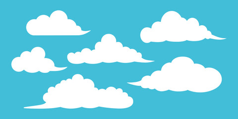 A set of fluffy clouds on a light blue background. Vector illustration.