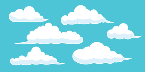 A set of various clouds on a light blue background. Vector illustration.