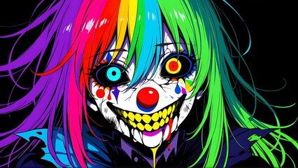 Obraz premium Creepy Colorful Clown Anime-Style Illustration