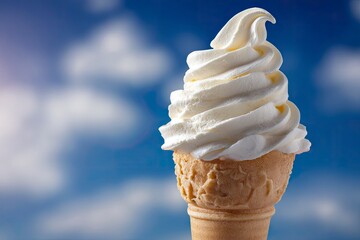 Creamy Soft Serve Ice Cream Cone against a Blue Sky