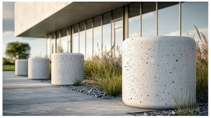 Row of concrete bollards outside modern building