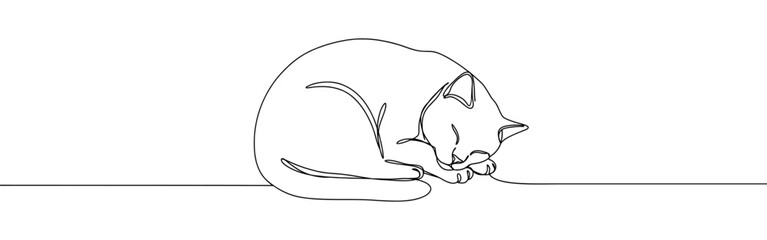 Cat continuous one line drawing. Kitty sleeping sweetly in simple linear style.