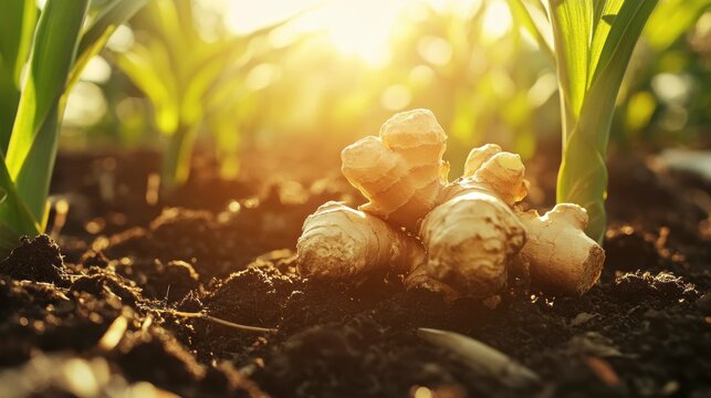Fresh ginger root harvested from the soil in a field at sunset.