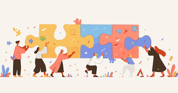 Building Blocks of Unity: A team collaborates to assemble a puzzle. Each piece fits to visualize teamwork and harmony in solving challenges.