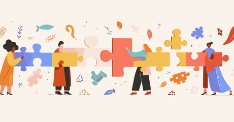 Fototapeta premium Teamwork Puzzle: People from diverse backgrounds collaborating to connect jigsaw pieces, symbolizing unity and shared goals. This graphic illustration underscores the power of partnerships.