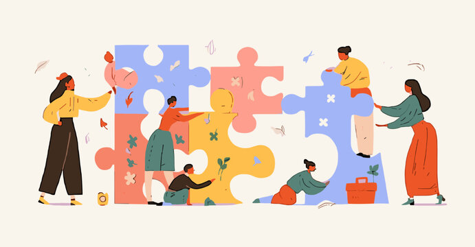 Teamwork Makes the Dream Work: A vibrant illustration depicting a diverse team collaborating to assemble a large jigsaw puzzle, symbolizing unity, problem-solving, and shared success.