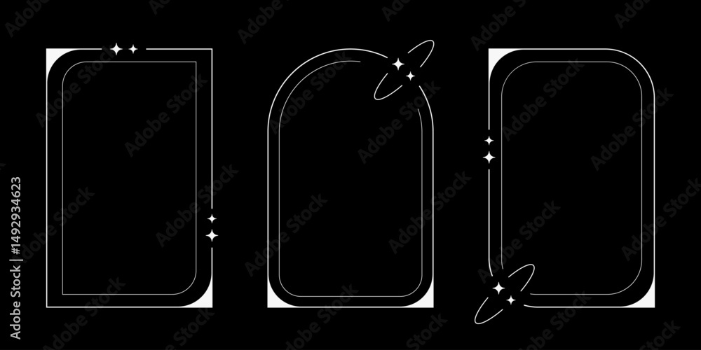 Aufkleber retro y2k arcs and windows, futuristic abstract frames and empty backgrounds with blinking stars. ve