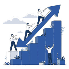 Ascending to Success: Dynamic individuals collaboratively climb and support an upward-trending arrow representing growth and business progress.