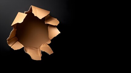 A circular hole torn in light brown cardboard, against a stark black background, revealing empty space within