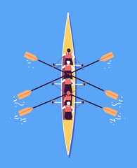 Team Rowing Boat: A stylized illustration depicts a team rowing boat, showcasing synchronization and teamwork in a vibrant, aerial view.