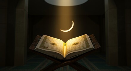 Open Book with Arabic Script and Crescent Moon