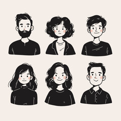 Diverse Portraits: A set of six unique hand-drawn portraits showcasing different hairstyles and features, each rendered in a simple yet expressive style.