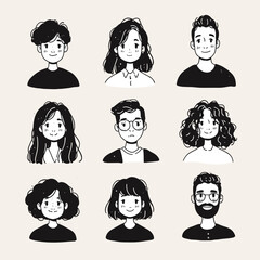 Diverse Doodle Delight: An array of diverse, hand-drawn faces in a charming doodle style, perfect for conveying a sense of community, individuality, and creative expression.
