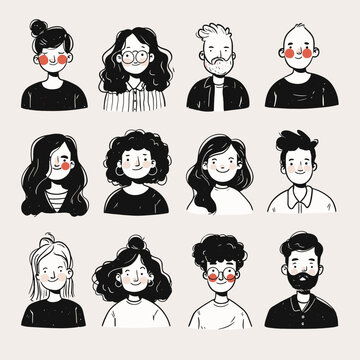Diverse Faces: A collection of stylized portraits showcases a variety of individuals, celebrating the beauty of human diversity and individuality through a simplistic art style.