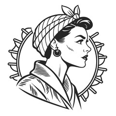Elegant Woman in Headscarf with Decorative Halo in Retro Style Illustration