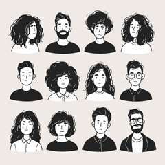 Portraits of Diverse Individuals: A collection of illustrated portraits showcasing the unique appearance of various people in a minimalist artistic style, perfect for representing diversity.