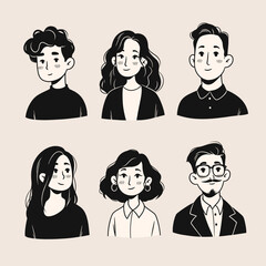 Friendly Portraits: A collection of six distinct, monochrome portraits of diverse individuals. Each illustration captures a unique personality, evoking a sense of modern design and approachability.