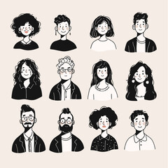 Diverse People Icons: Collection of twelve unique hand-drawn vector illustrations of diverse people's faces, showcasing various hairstyles, facial features, and expressions. Ideal for branding.