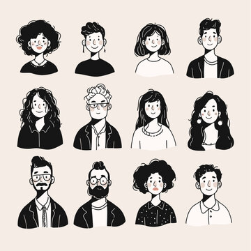 Diverse People Icons: Collection of twelve unique hand-drawn vector illustrations of diverse people's faces, showcasing various hairstyles, facial features, and expressions. Ideal for branding.