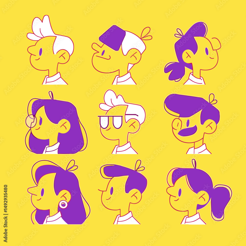 Poster stylized character profiles: a delightful assortment of character profiles, each with unique hairsty