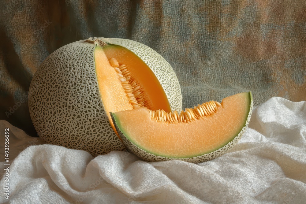 Poster fresh cantaloupe with sliced wedge resting on textured cloth background in natural light, fresh cant