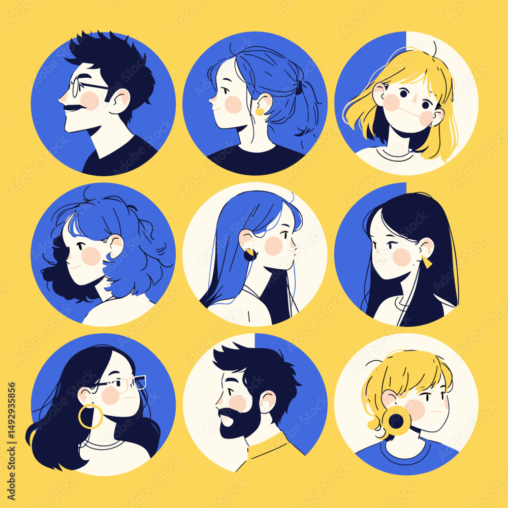 Poster diverse portrait collection: a vibrant array of stylized headshot portraits, each featuring a unique