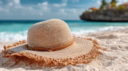 Straw hat on a sandy beach with turquoise water and island background.