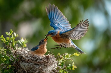 Fototapeta premium Bluebird feeding fledgling in nest nature