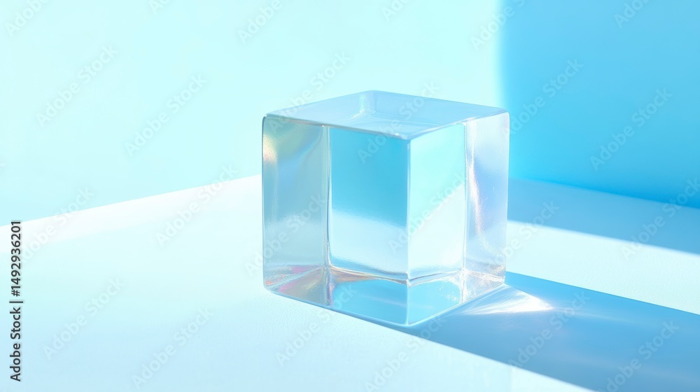 Poster transparent cube on light blue background with shadow.