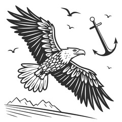 Majestic eagle soars above mountains, ocean, and seagulls, with an anchor nearby