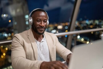 Obraz premium This powerful image captures a confident man focused on his laptop at night, donning headphones and enjoying the vibrant city skyline that creates an inspiring environment.