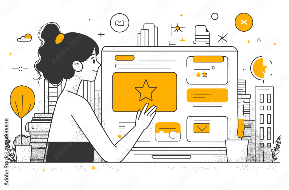 Poster digital world interface: a young woman with ponytail sits and works on a computer, interacting with 