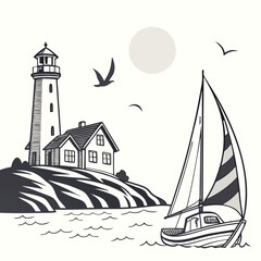 Nautical seascape illustration with a lighthouse, house, sailboat and birds