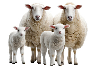 Fototapeta premium Family of Sheep: A heartwarming scene depicts a family of sheep, the adults standing protectively with their adorable lambs, embodying the essence of farm life and the natural world's beauty.