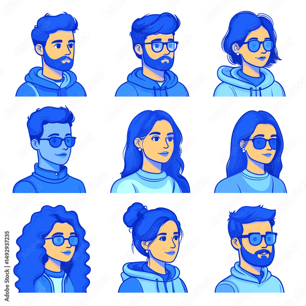 Poster diverse avatar collection: a curated array of unique avatar illustrations, each representing a diffe
