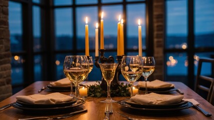 Elegant candlelit dinner setup at twilight with glasses and dishes arranged on a wooden table