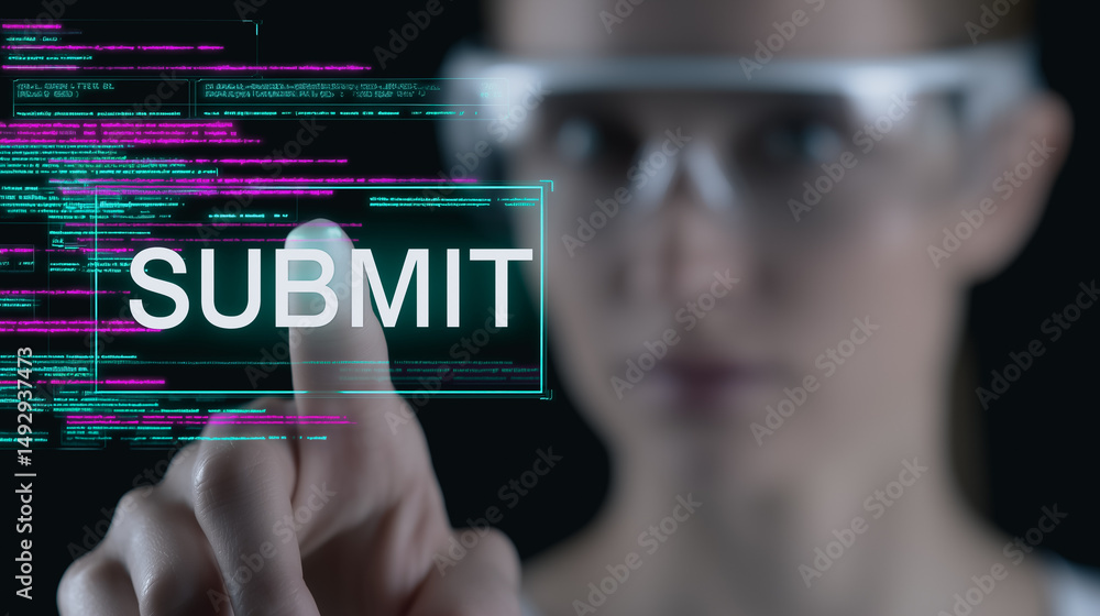 Poster cyber submit: a person uses a transparent screen in a technological future, a blend of innovation an